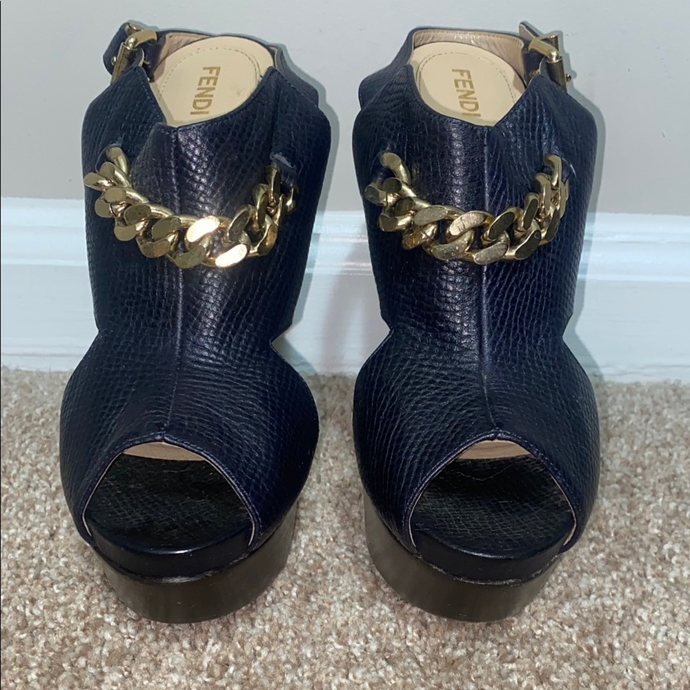 Fendi Black and Gold Heeled Boots with Chain Detail